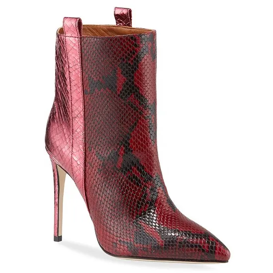 Trendy Color Matching Red Gold Snake Pattern Leather Pointed Toe Stiletto Heel Ankle Boots Women Short Boots High Heels Booties