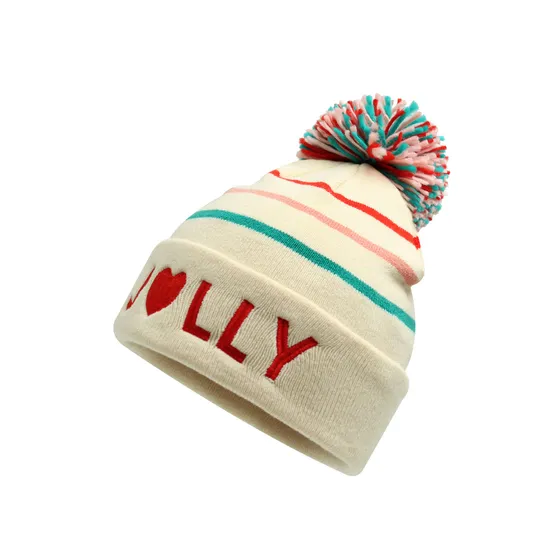 Knitted Lady Jacquard Stripe Embroidery Logo Ribbed Beanie with Yarn Thread POM