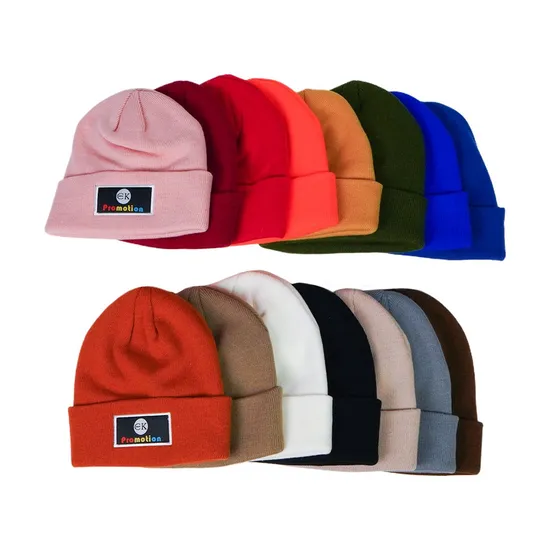 Acrylic Woven Patch Label Winter Hat Custom Logo Cuff Knitted Beanie