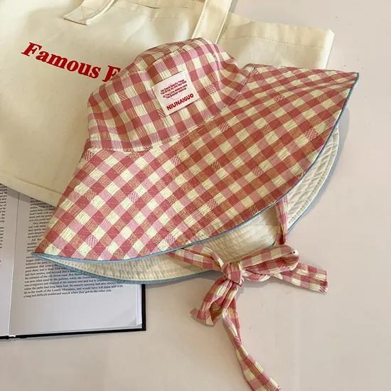 Plaid Fisherman Hat Women′s Travel Fashion Wide-Brimmed Lace-up Sunscreen Hat