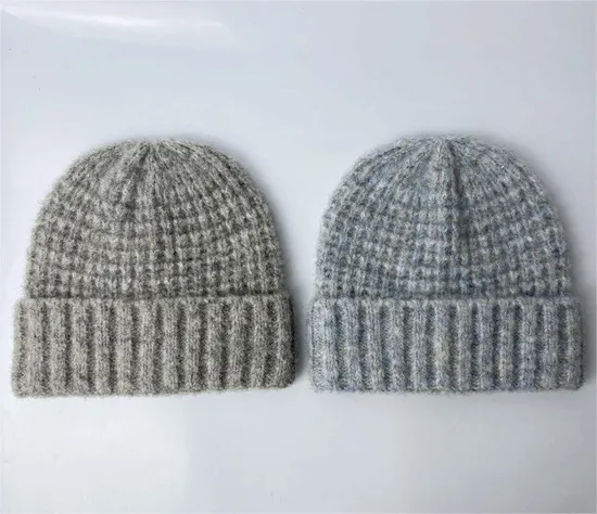 Customized Winter Fashion Waffle Knitted Beanies Fluffy Wool Beanies Hat Mohair Knitted Beanies with PU Badge
