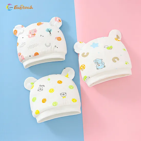 Kids Wear New Cotton Cartoon Print Hat Without Brim Baby Winter Thick Bowler Hat Three Dimensional Bear Ears Baby Cap for Newborns Baby Clothes