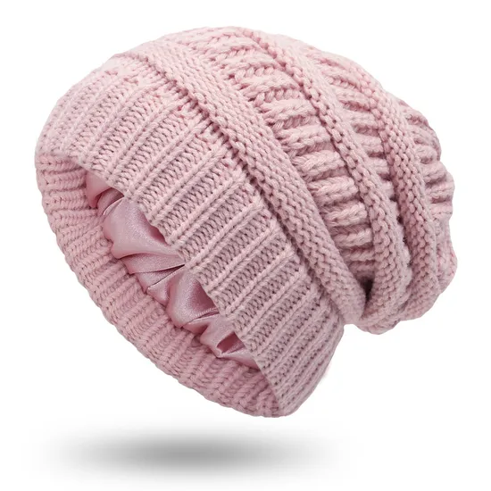 Satin Lined Beanie for Women Winter Hat Cable Knit Slouchy Beanie Skull Warm Cap Silk Lining