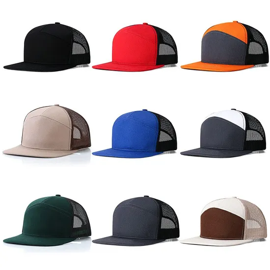Wholesale High Quality 7 Panel Flat Cap Waterproof Sports Breathable Performance Trucker Mesh Cap Snapback Cap
