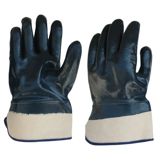 Blue Nitrile Fully Coated Smooth Finish Canvas Cuff Jersey Liner Safety Glove