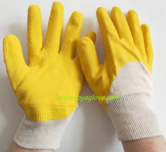 Interlock Cotton Liner Latex Crinkle 3/4 Coated Work Gloves /Tools Gloves /Industry Safety Working Gloves