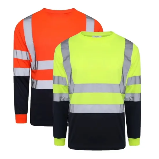 Hbc Work High Visibility Crew Neck Shirt with Ribbed Cuffs Short Long Sleeve T Shirts Fluorescent Workwear Quick Dry Construction Safety Polo Shirt