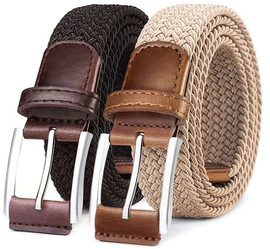 Men′s Brown Adjustable Braided Stretch Leather Elastic Fabric Belt