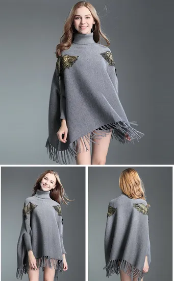 Lower Price Customer Requirement Soft Western Latest Eagle Embroidered Bat Sleeves Tassel Shawl Capes