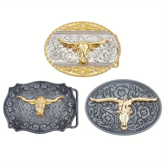 Manufacturer Wholesale Custom Zinc Alloy Rodeo Belt and Buckle Metal Rhinestones Western Cowboy Cowgirl Longhorn Belt Buckle for Men and Women
