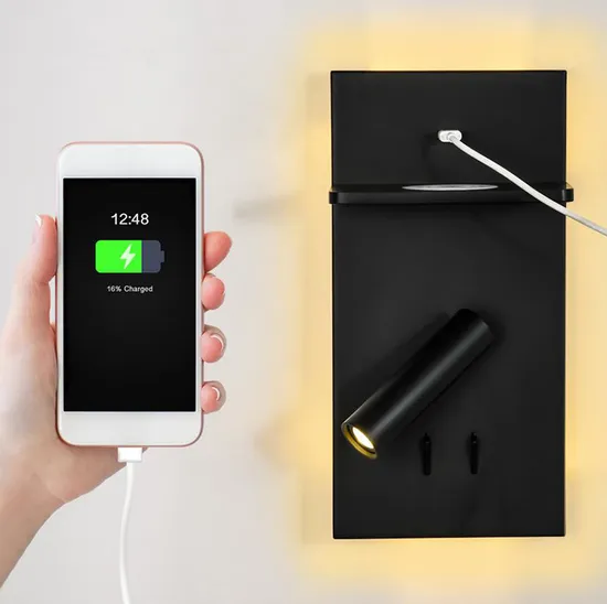 Bed Living Room Beside Angle Adjust 3000K LED Wireless Phone Charging Wall Light