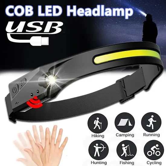 High Power Waterproof Camping Helmet Flashlight Headlight Silicone COB Sensor Head Lamp Outdoor Light Type-C Rechargeable LED Headlamp