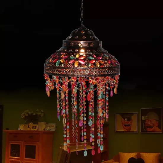 Lantern Type Retro Crystal Metal Chandelier with Light Chain