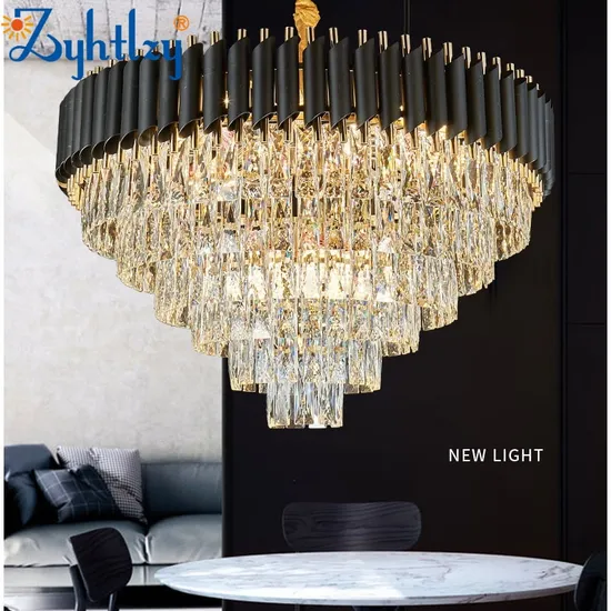 Large Round Indoor Luxury Pendant Light Black Gold LED Hanging Lamp Nordic Modern K9 Crystal Chandelier for Home Decor Living Room (ZY-QS-0029)