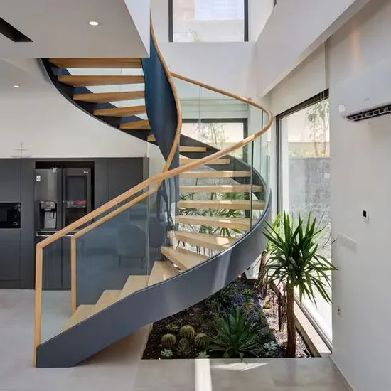 Cbmmart Indoor Solid Wood Steps Double Stringer Glass Railing Balustrades Straight Stairs