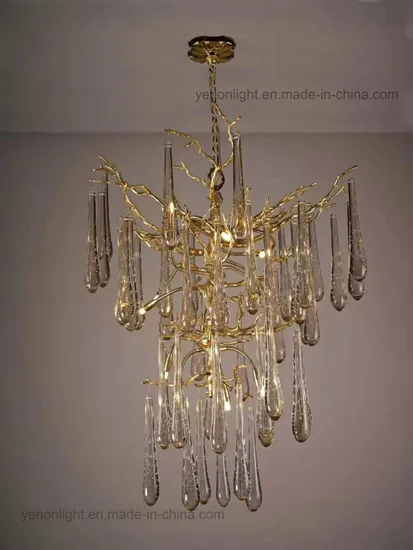 Luxury Branch Water Drops Copper Crystal Chandelier Lighting Pendant Lamp