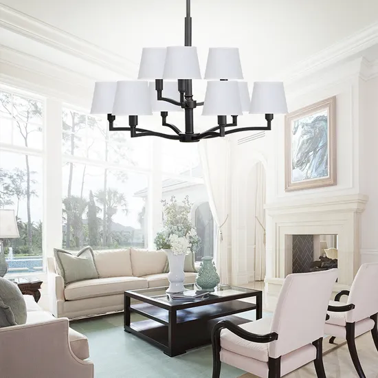 Classic Simple 9 Lights Two Tire Bronze Chandelier White Linen Drum Shade for Living Room