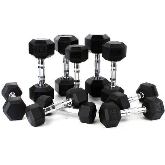 Wholesale 15kg Hexagonal Rubber Dumbbell Weightlifting Black Fixed Dumbbell Set
