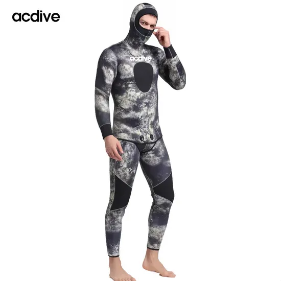 Professional Spearfishing Scuba Diving 2 Pieces Men Camo 5mm Neoprene Thermal Customized Hoodie Wetsuit