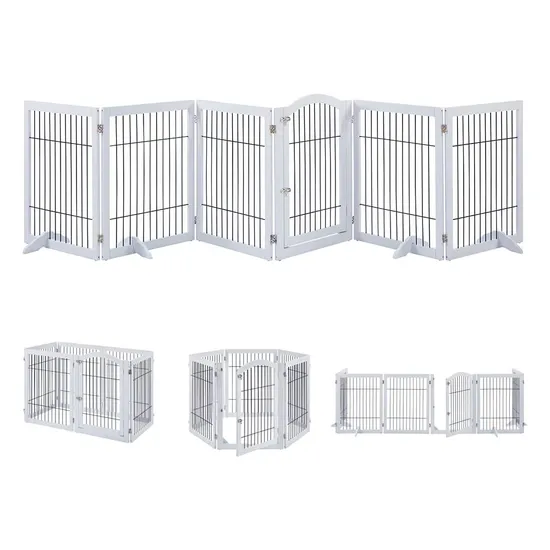 White 6 Panels Freestanding Pet Gate with 4 Support Feet