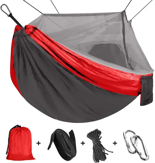 Double Camping Parachute Mosquito Net Hammock in Black Red