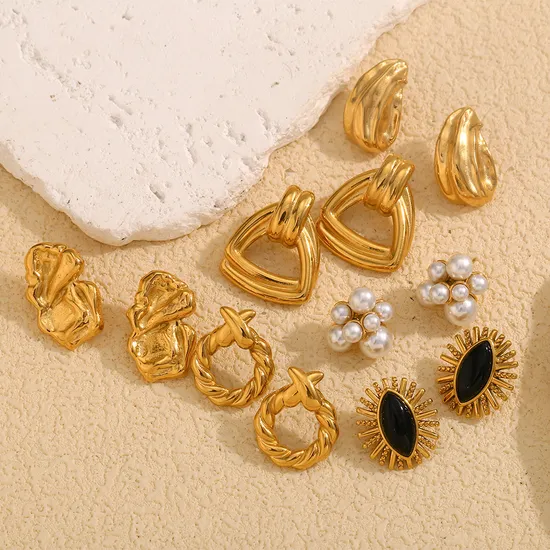 Geometric Pearl Onyx Eye Stud Earrings Stainless Steel 18K Gold Plated Twist Cross Earrings