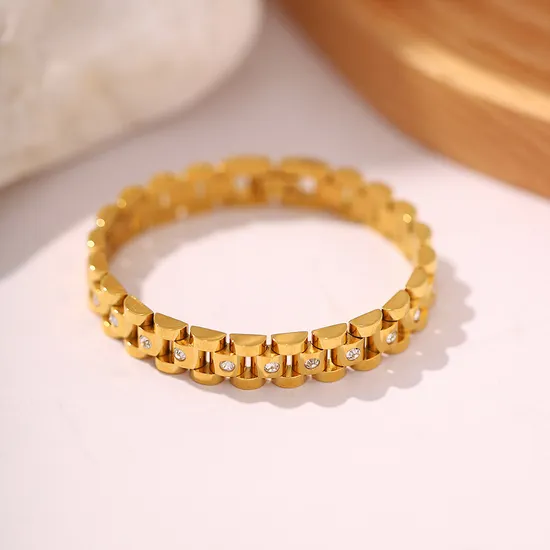 18K PVD Gold Plated Link Chain Chunky Crystal Band Stainless Steel Bracelet Fashion Jewelry