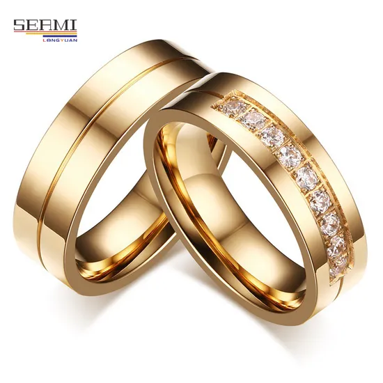 Simple Titanium Steel Couple Pair Ring Electroplating Gold Inlaid Zircon Jewelry