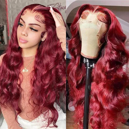 Wholesale Burgundy 99j HD Transparent Lace Pre Plucked 13X4 Body Wave Lace Front Human Hair Wig