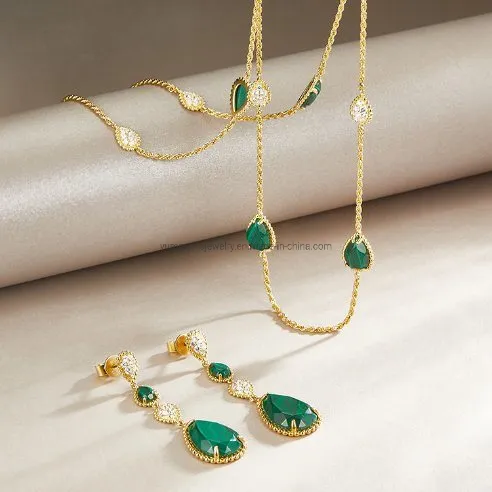Gold Plated Long Charm Natural Malachite Necklace Earrings Jewelry Sets