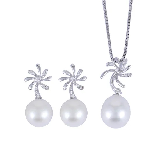 Flower Element Design 925 Silver Pearl Jewelry Set with Cubic Zirconia Accents Necklace Pendant Earrings