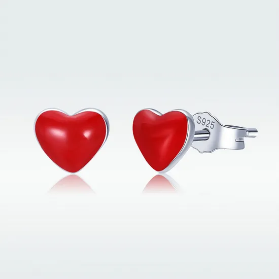 Wholesale 925 Sterling Silver Love Red Heart Stud Earring with Red Enamel in Rhodium Plating for Lady