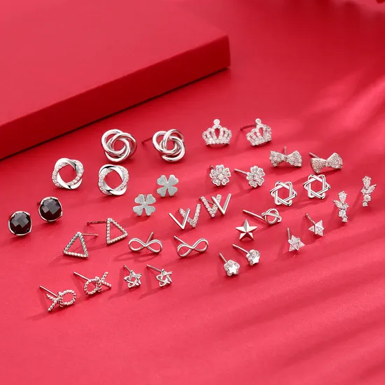S925 Sterling Silver Star Threadless Ear Studs Chic Crystal Crown Push-Pin Earrings for Women Girls