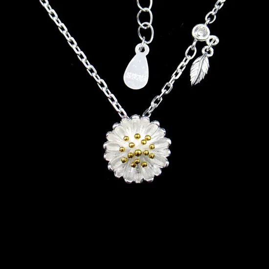 Romantic Accessory Silver Cubic Zirconia Daisy and Leaves Chain Necklace for Girls