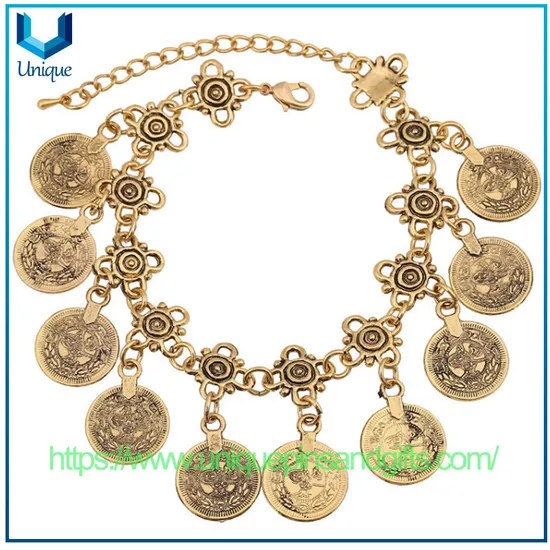 Custom European American Retro Tassel Coin Bracelet Anklet Gold Plated Silver Bracelet Fashion Decoration Accessories with Packaging Box for Promotional Gift