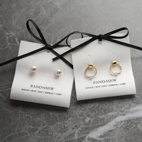 Pandasew Bulk Customized Size, Custom Logo White Herringbone Cotton Fabric Bow Style Jewelry Packaging Hanging Display Tag Card