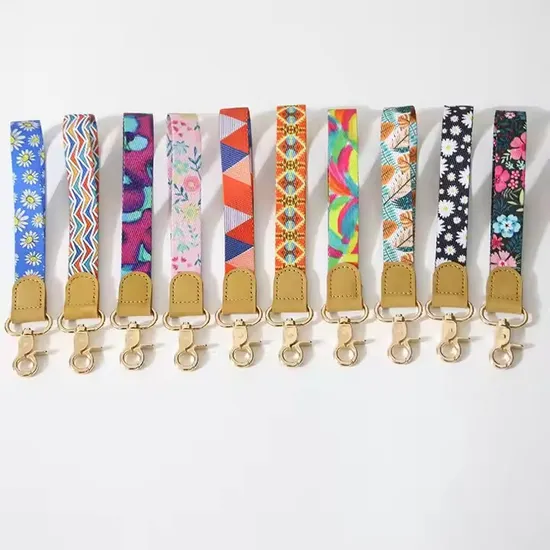 Stripe Fabric Straps Embroidery Customized Automotive Car Logo Keychain Sets Wristlet Leather Keychain with Key Rings