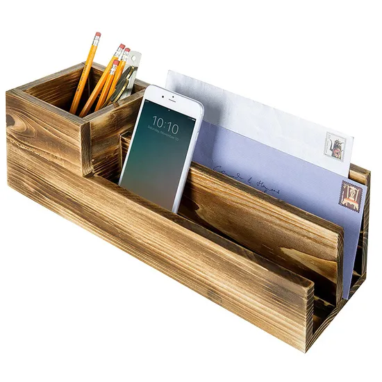 Aveco Multi Purpose 15 Inch Long Rustic Solid Wood Desktop Storage with Pen Holder and Postcard Holder