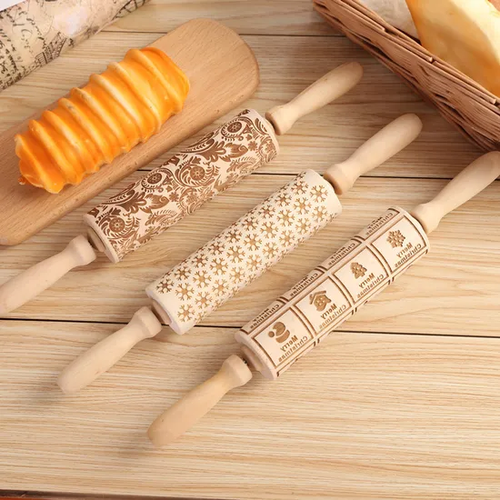 Wooden Christmas Print Rolling Pin Wooden Carved Embossed Rolling Pin Artware