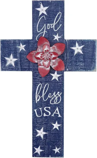 Hanging Wooden Wall Crosses for Home Decor, Red Metal Flower and Carved God Bless America Patriotic Decor