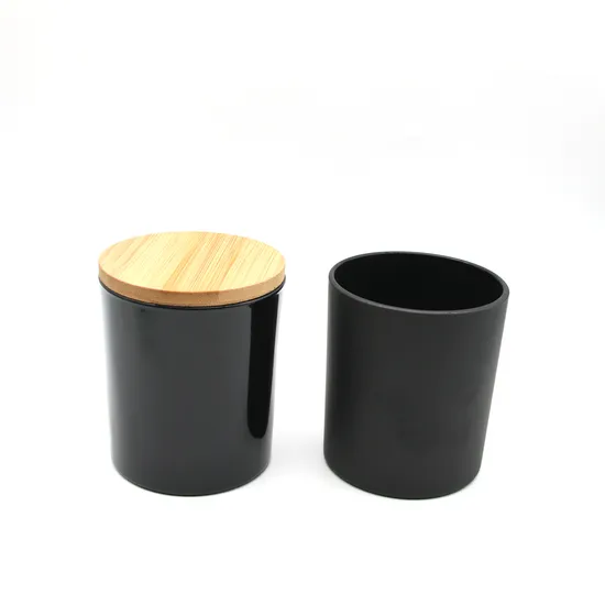 Custom Logo Matte Shine Black Color Empty Container Wide Mouth Glass Candle Jar with Wood Lid for Candle Making