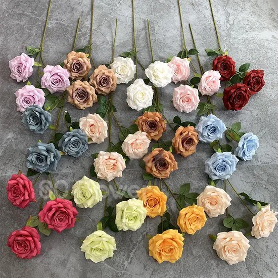 Wholesale Cheap Classic Design 3 Head Long Stem Silk Rose Artificial Flowers for Wedding