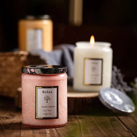 Embossed Glass Jar Essential Oil Scented Soy Wax Candles Long Burning with Lid
