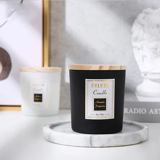 Custom Luxury Empty 220ml 320ml Frosted Matte Black White Candle Holders Glass Candle Jar with Wood Lids