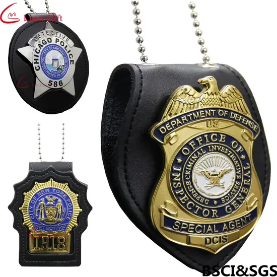 China Sedex BSCI Certified Factory Custom Logo Design Metal Crafts Awards Badge Leather Card Holder Security Military Police Badge