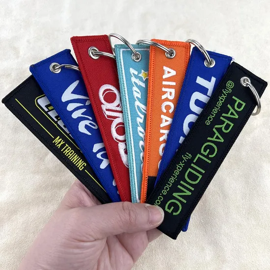 Factory Wholesale Custom Logo Embroidered Patch Keytag Holder Flight Textile Woven Fabric Polyester Lanyard Embroidery Key Luggage Tag Keychain