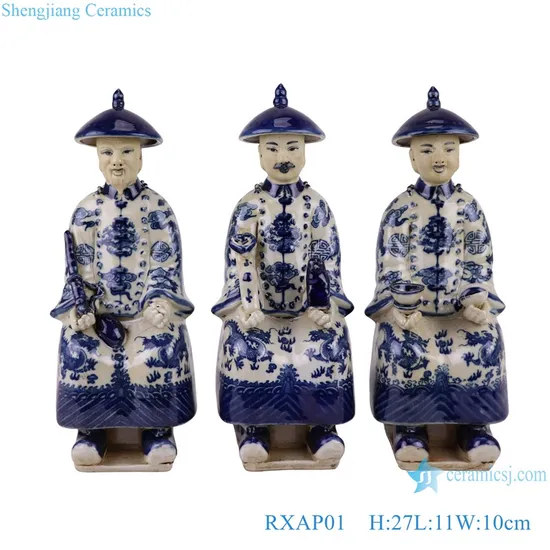 Chinese Qing Dynasty Blue and White Porcelain Standing Sitting Emperors Figures Statue