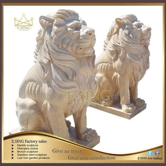 Garden Natural Beige Cream Marble Lion Statue Stone Animal Lion Sculpture
