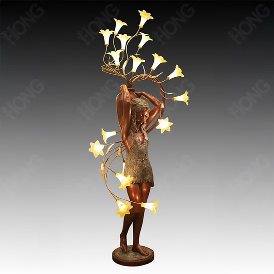 Indoor Decoration Home Light Lamp Casting Bronze Girl Holding Lamps Metal Sculpture