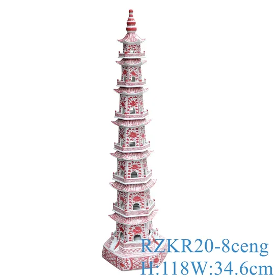 Home Decoration 7-Layer and 8-Layer Flower Pattern Red Ceramic Pagoda